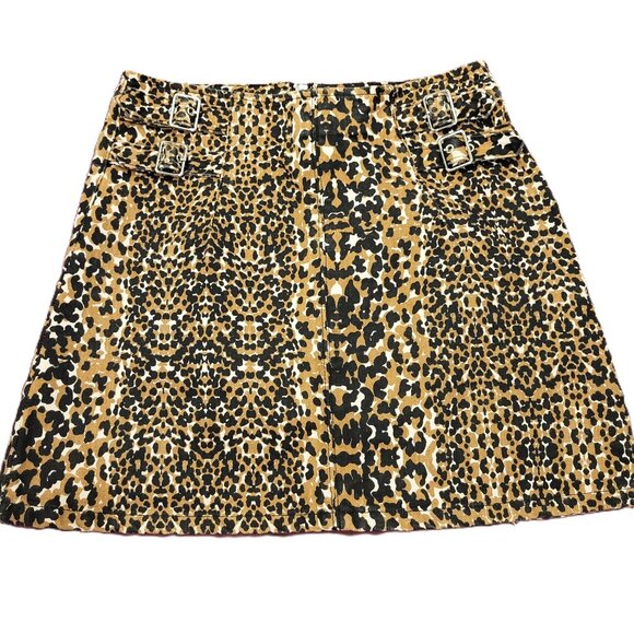 Topshop Leopard Print Denim Mini Skirt with Buckle Details Size 6 - Picture 1 of 6